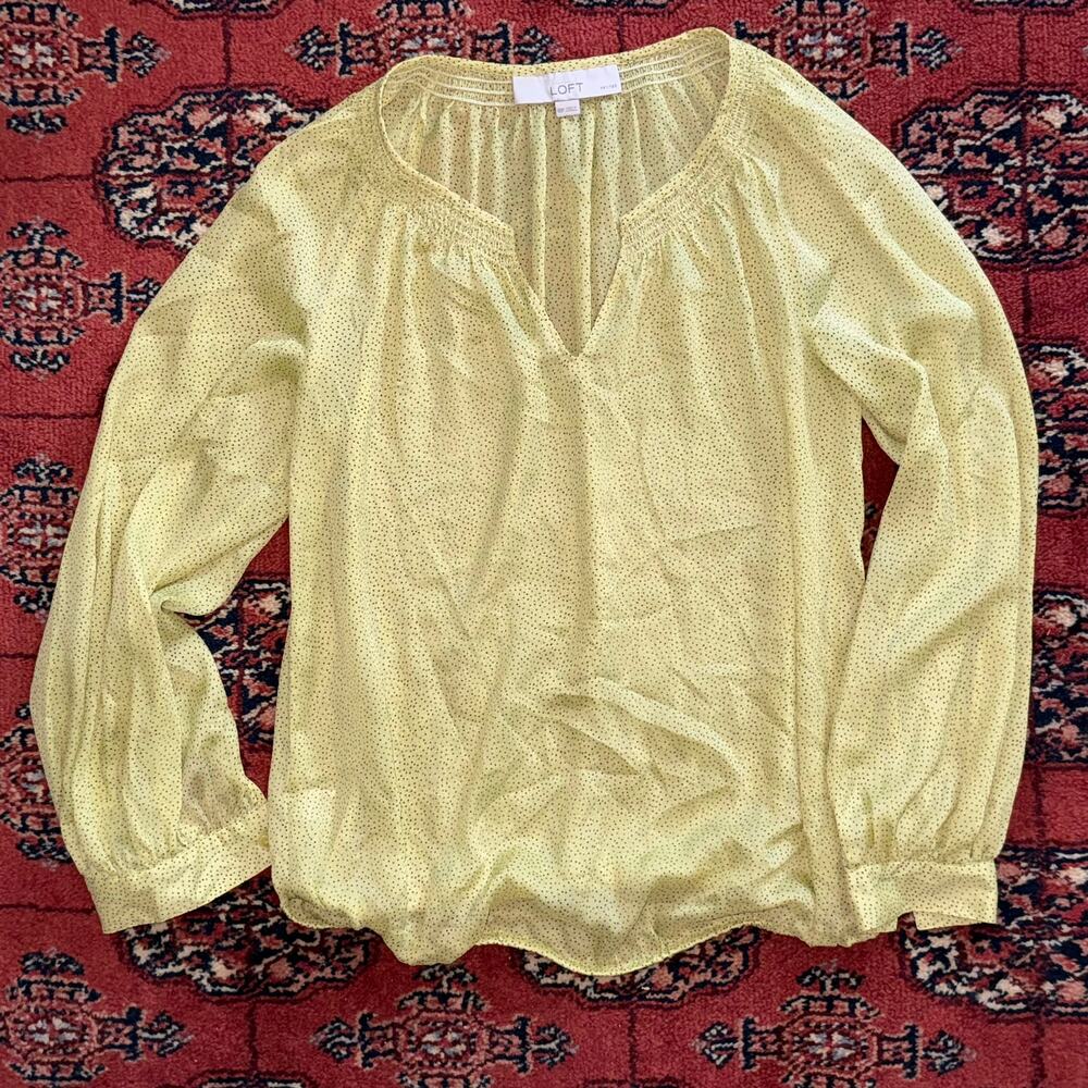 Ann Taylor LOFT XSP Black Pin Dot on‎ Citrus Yellow Semi-Sheer Peasant Blouse